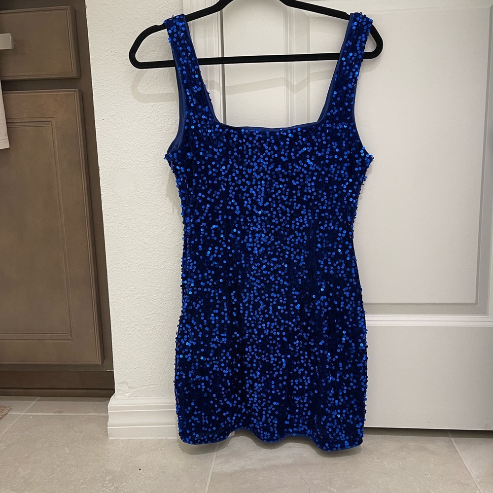 Lulus Seeing Sparkles Royal Blue Velvet Sequin Square Neck Mini Dress - Picture 2 of 15
